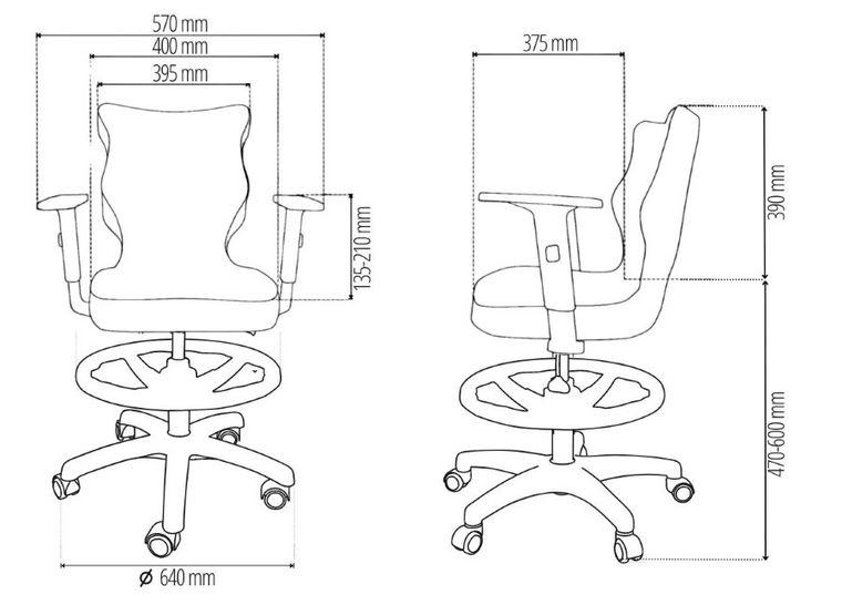 Entelo, Duo, krzesło młodzieżowe z podnóżkiem i podłokietnikami, wzrost 146-176,5 cm, czarne