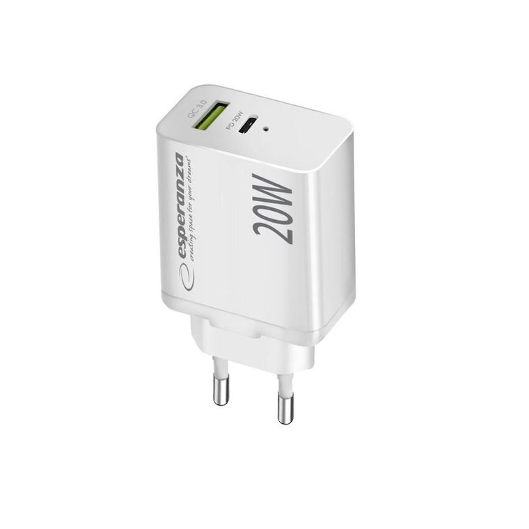 Esperanza, ładowarka sieciowa, biała, 20W, USB-C, PD 20W, USB-A, QC 3.0, 18W, EZC105W