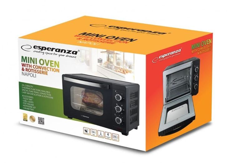 Esperanza, mini piekarnik z konwekcją i rożnem, napoli, 1600W, 25l, EKO006N