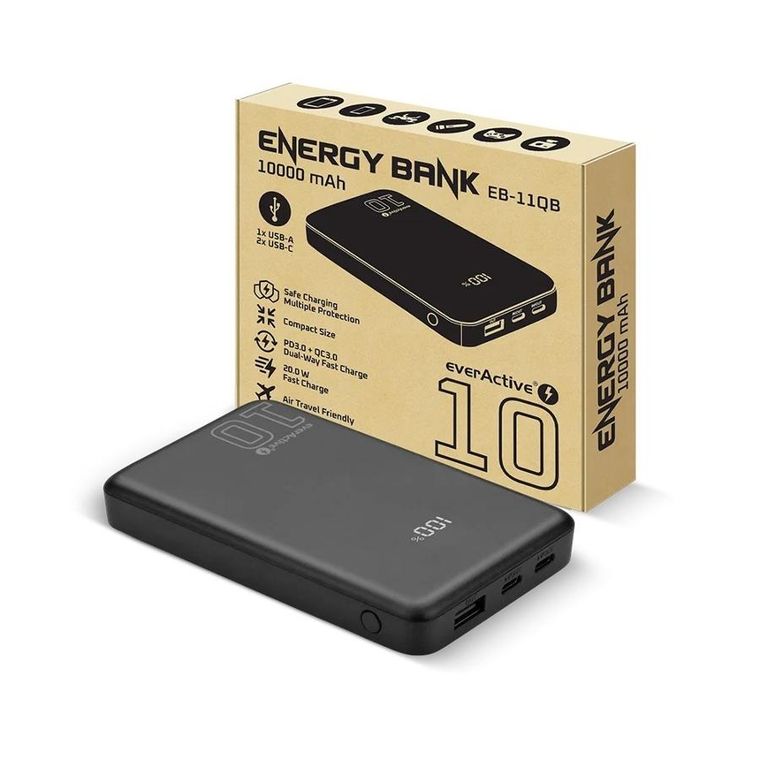 Everactive, powerbank, 10000mAh, 1xUSB, 2xUSB-C, 20W, QC4+, wyświetlacz LCD, czarny, EB-11QB