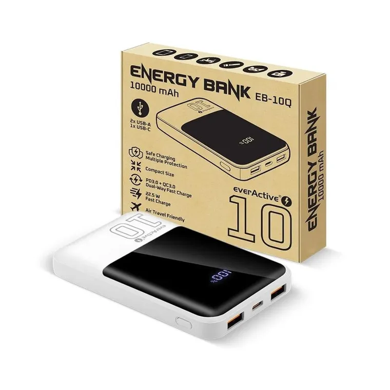 Everactive, powerbank, 10000mAh, 2xUSB, 1xUSB-C, 22,5W, QC4+, wyświetlacz LCD, biały, EB-10Q