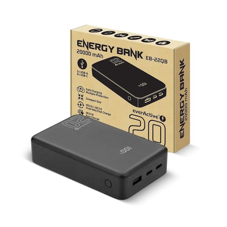 Everactive, powerbank, 20000mAh, 1xUSB, 2xUSB-C, 20W, QC4+, wyświetlacz LCD, czarny, EB-22QB