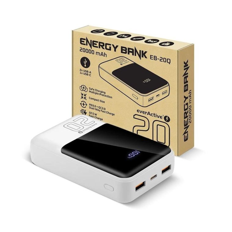 Everactive, powerbank, 20000mAh, 2xUSB, 1xUSB-C 22,5W, QC4+, wyświetlacz LCD, biały, EB-20Q