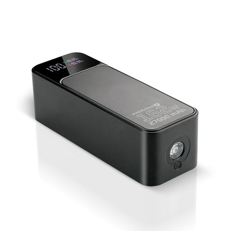 Everactive, powerbank z latarką, 27000mAh, 1xUSB, 2xUSB-C, 162,5W, QC4+, wyświetlacz LCD, czarny, EB-27Q