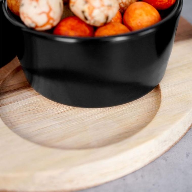 Excellent Houseware, miseczki ceramiczne do dipów, na przekąski, na tacy drewnianej, czarne, 4 elementy
