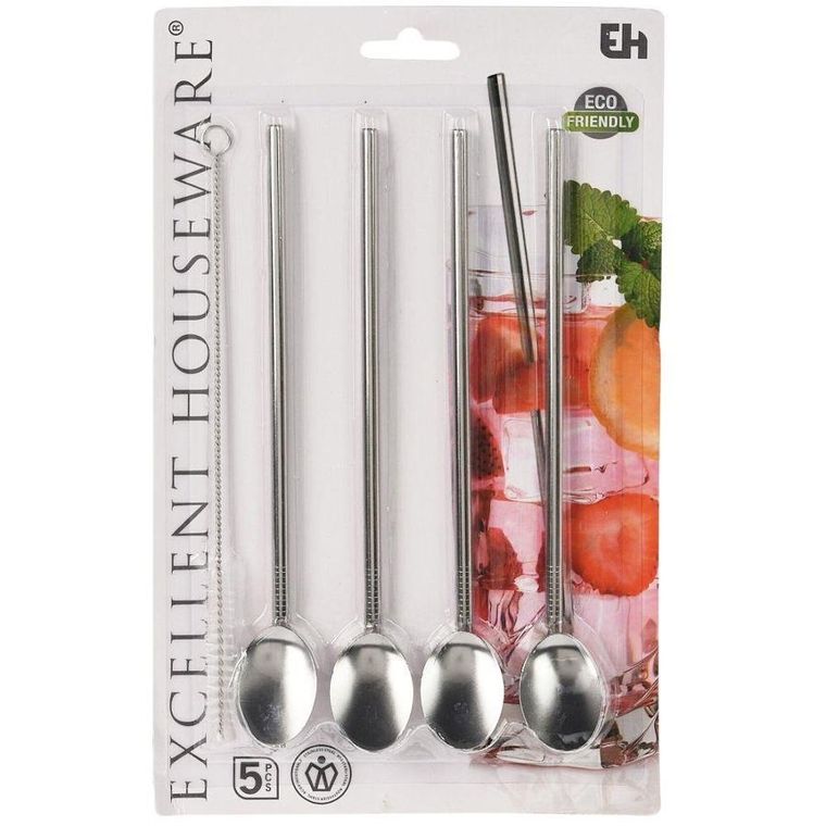 Excellent Houseware, słomki stalowe + czyścik, 4 szt.