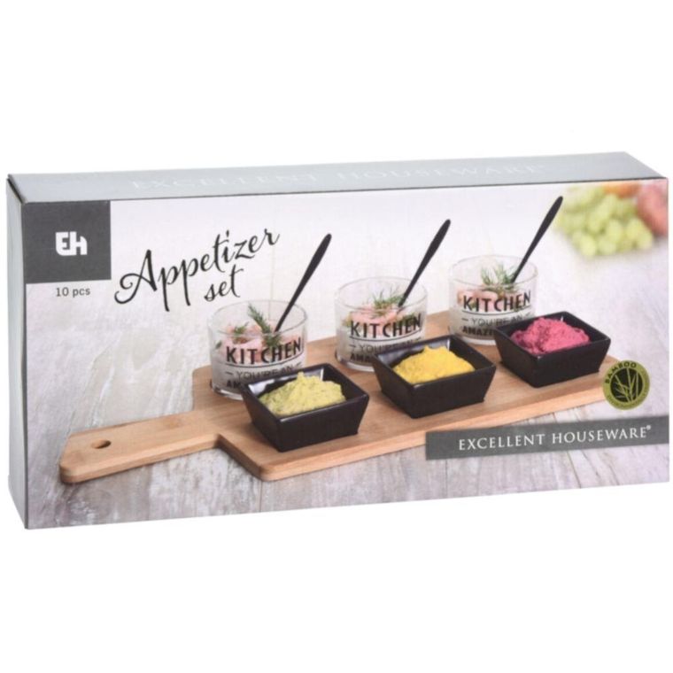 Excellent Houseware, zestaw do przekąsek na bambusowej desce, 10 elementów