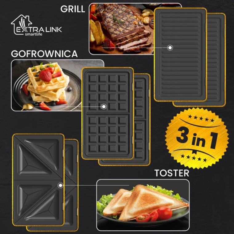 Extralink, Smart Life Grill Sandwich & Waffle Maker, grill, toster & gofrownica, opiekacz z 3 wymiennymi płytami, 1000W, SJ-37A