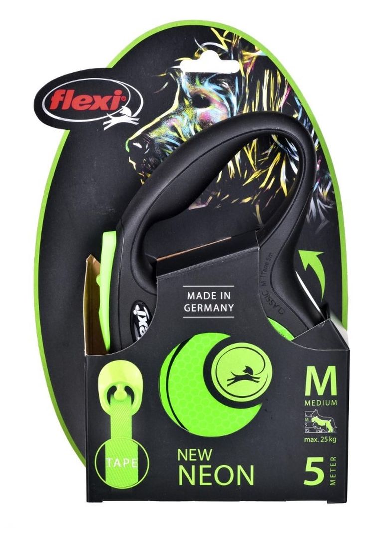 Flexi, New Neon, smycz automatyczna, taśma, rozmiar M, 5 m, zielona