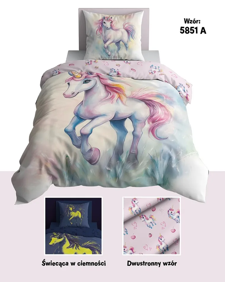 Fluo, komplet pościeli młodzieżowej, 140-200 cm + 70-80 cm, jednorożec