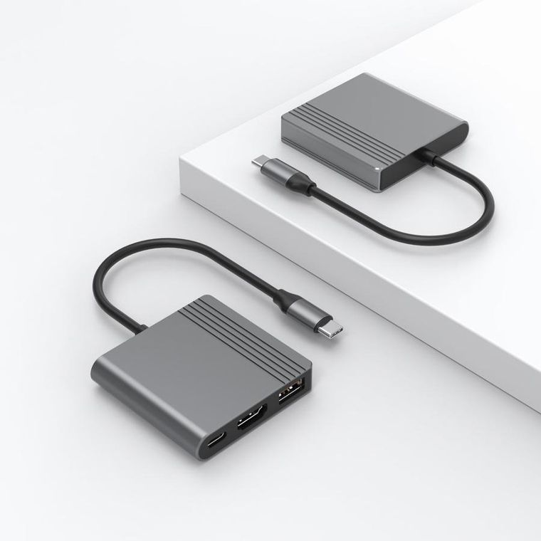 Gembird, adapter wieloportowy, USB-C, 3w1, USB, HDMI, USB-C, szary