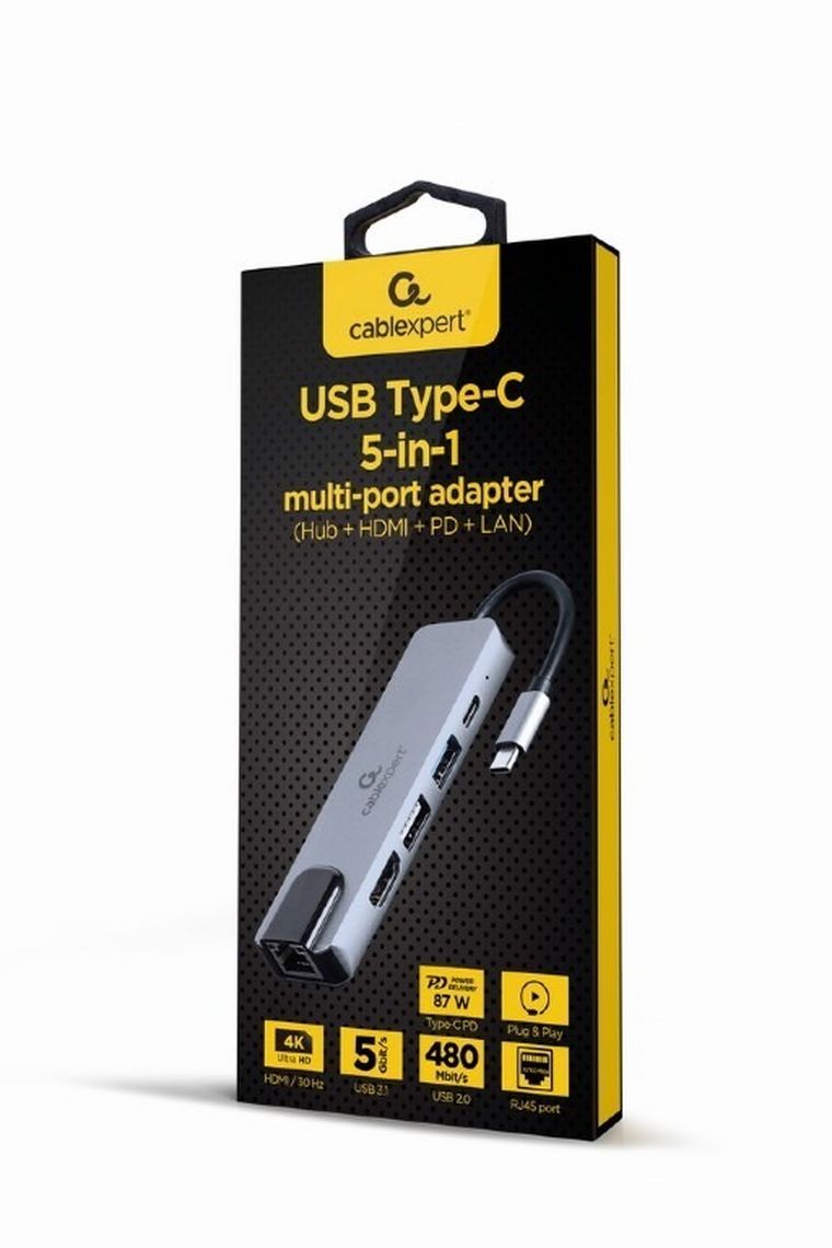 Gembird, adapter wieloportowy, USB-C, 5w1, PD, HDMI, USB 3.1, USB 2.0, LAN