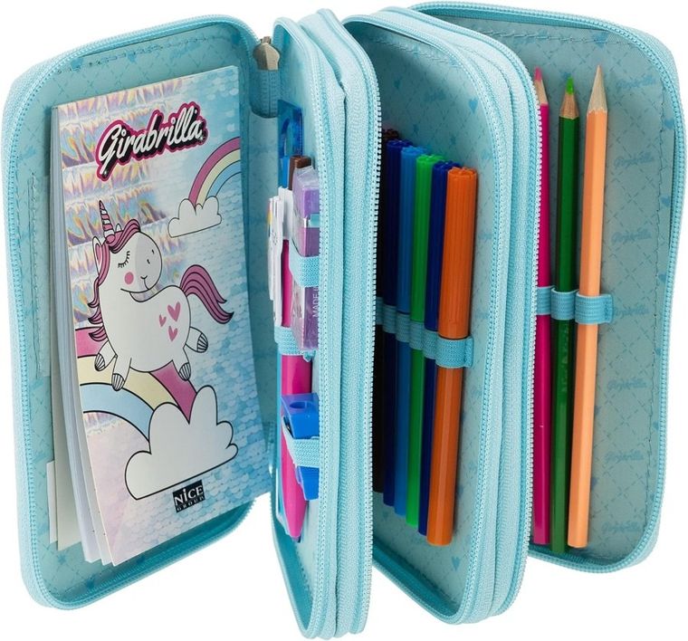 Girabrilla, piórnik rozkładany, potrójny, z wyposażeniem, jednorożec, błękitny