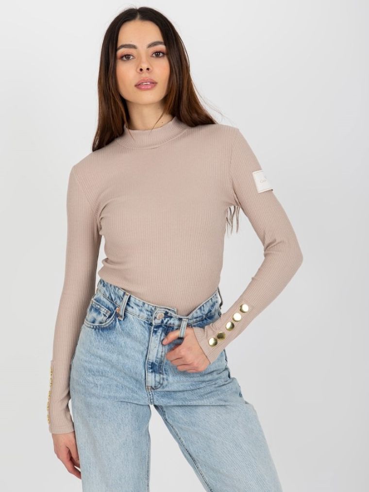 Golf damski z długim rękawem, prążkowany, beżowy, Och Bella