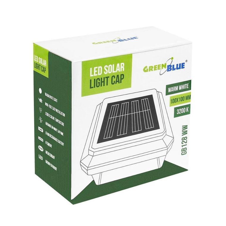 GreenBlue, lampa solarna LED na słupek, daszek kopertowy, 100-100 mm, 3200K GB128 WW
