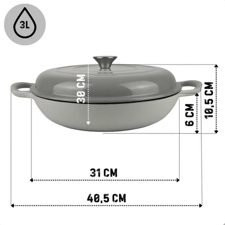 Hage, emaliowany garnek, płaski, żeliwny, szary, 30 cm, 3l