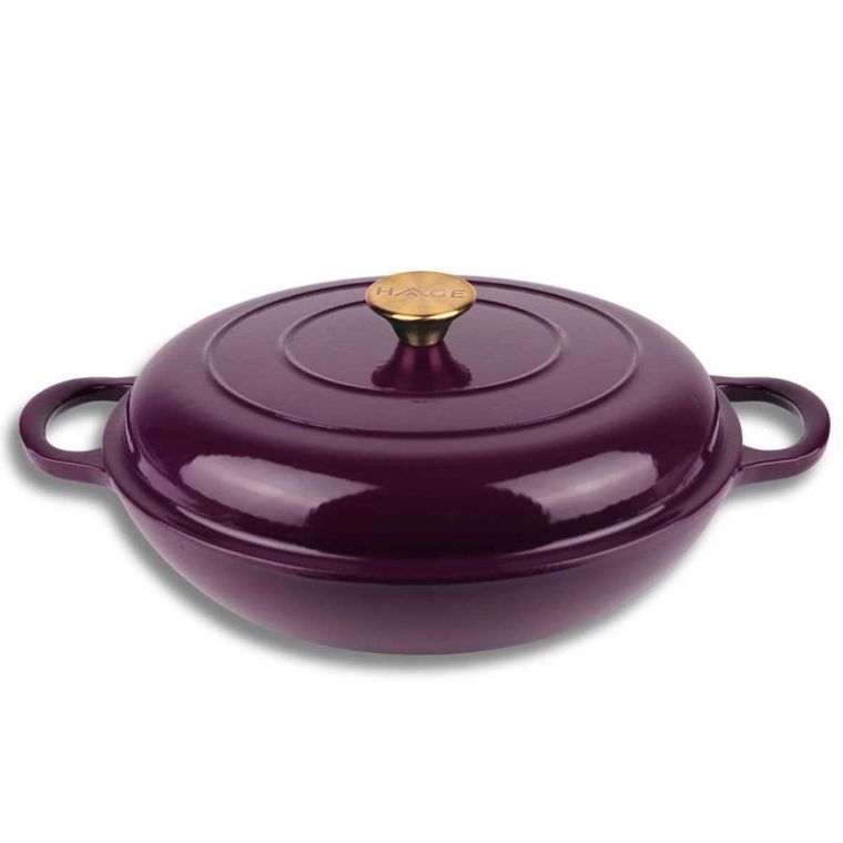 Hage, emaliowany garnek żeliwny, płaski, fioletowy, 30 cm, 3l