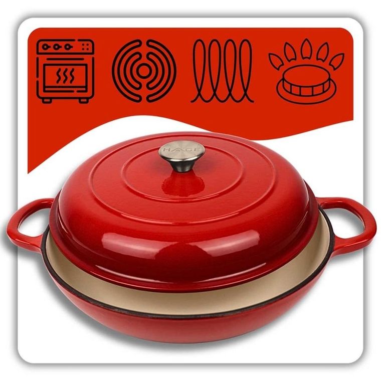Hage, garnek żeliwny, emaliowany, płaski, czerwony, 30 cm, 3l