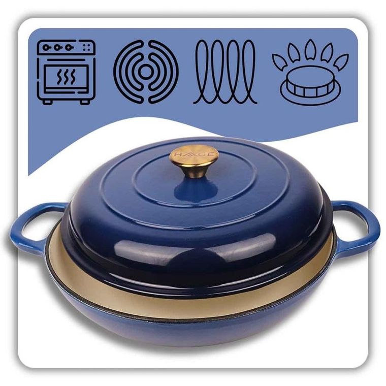 Hage, garnek żeliwny, emaliowany, płaski, niebieski, 30 cm, 3l