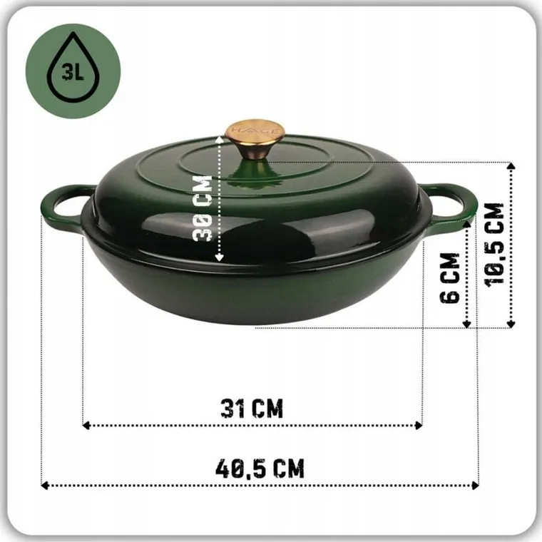 Hage, garnek żeliwny, emaliowany, płaski, zielony, 30 cm, 3l