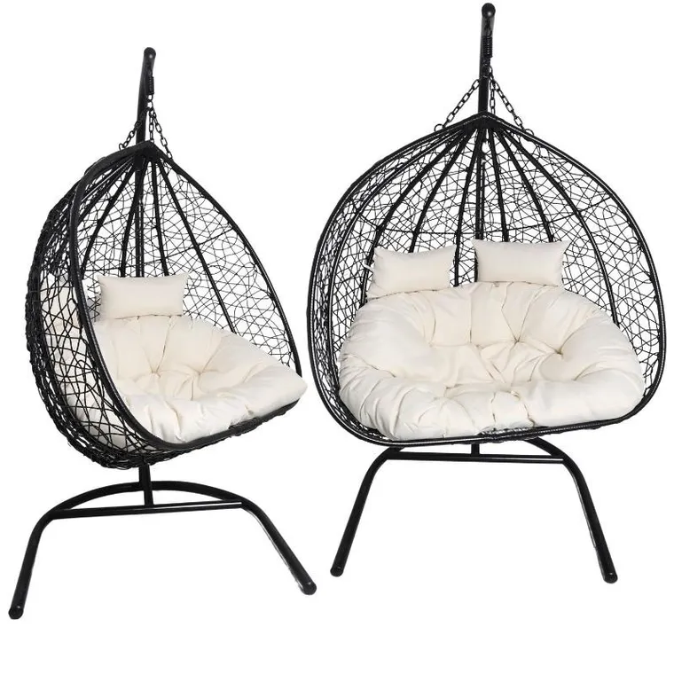 HaloFuture, fotel wiszący, dwuosobowy, kokon, czarny, beżowa poduszka