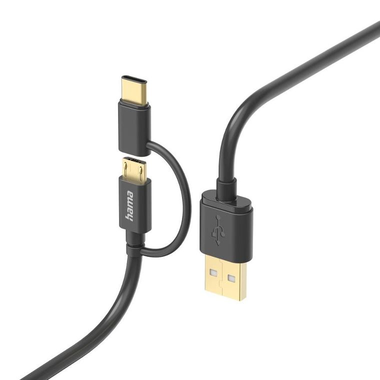 Hama, kabel do telefonu z adapterem 2-1 usb-c micro usb usb-a długość 1 m, czarny