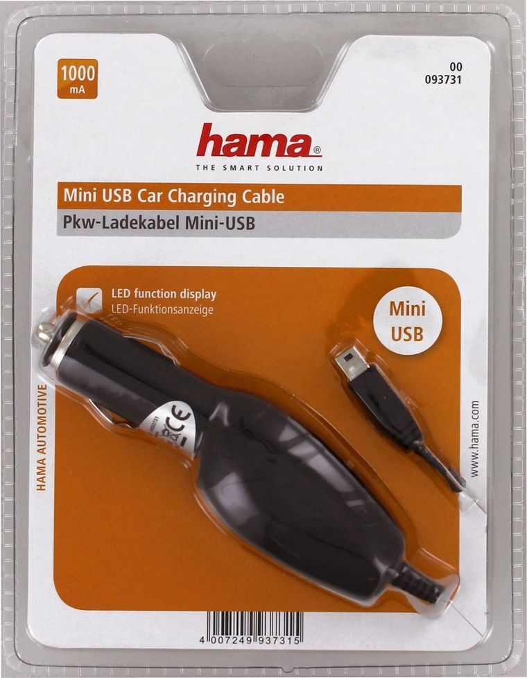 Hama, ładowarka samochodowa, mini USB, wtyk kątowy