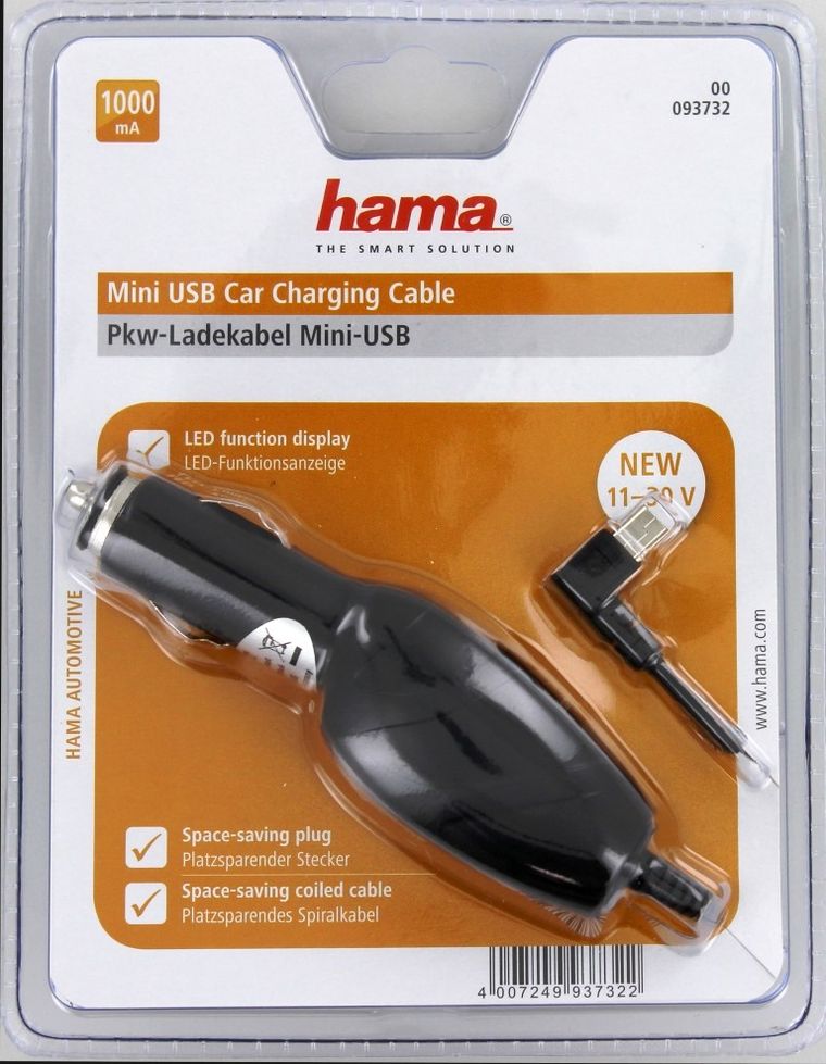 Hama, ładowarka samochodowa, mini USB, wtyk kątowy