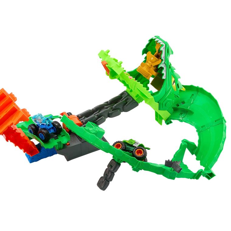 Hot Wheels, Monster Trucks, Rekiny vs Dinozaury Smoczy wyścig, zestaw do zabawy
