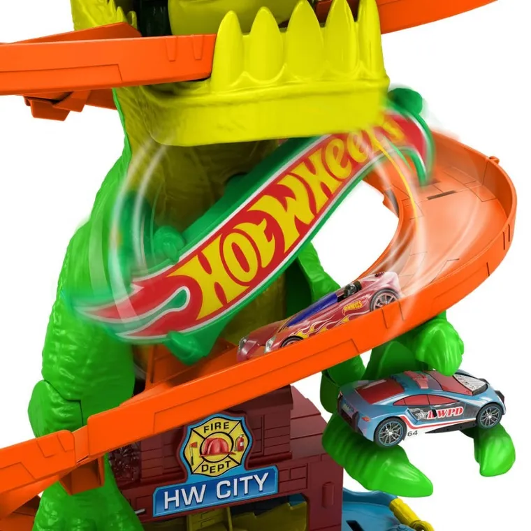 Hot Wheels, Zakręcony tor, Remiza T-rexa, zestaw do zabawy z autem