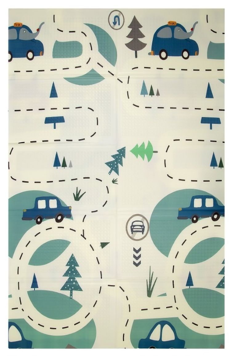 Humbi, dwustronna składana mata edukacyjna z pianki XPE, misie liski i auta, 120-180 cm