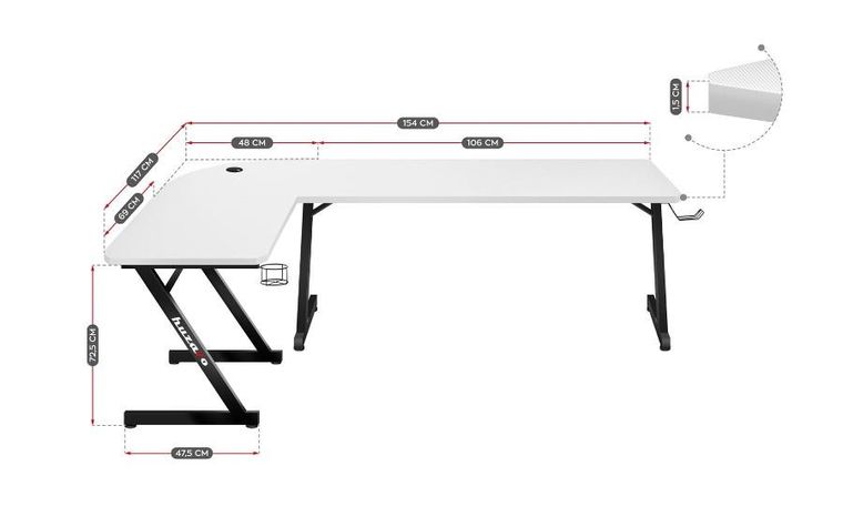 Huzaro, Hero 7.0, biurko gamingowe, White, 154 cm