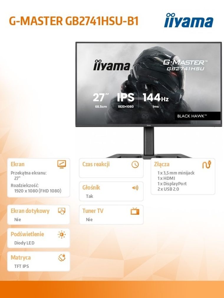 Iiyama, monitor, 27", GB2741HSU-B1 IPS, FHD, 144Hz, 1ms, 2xUSB, 350cd, HDMI, DP, HAS (150) PIVOT