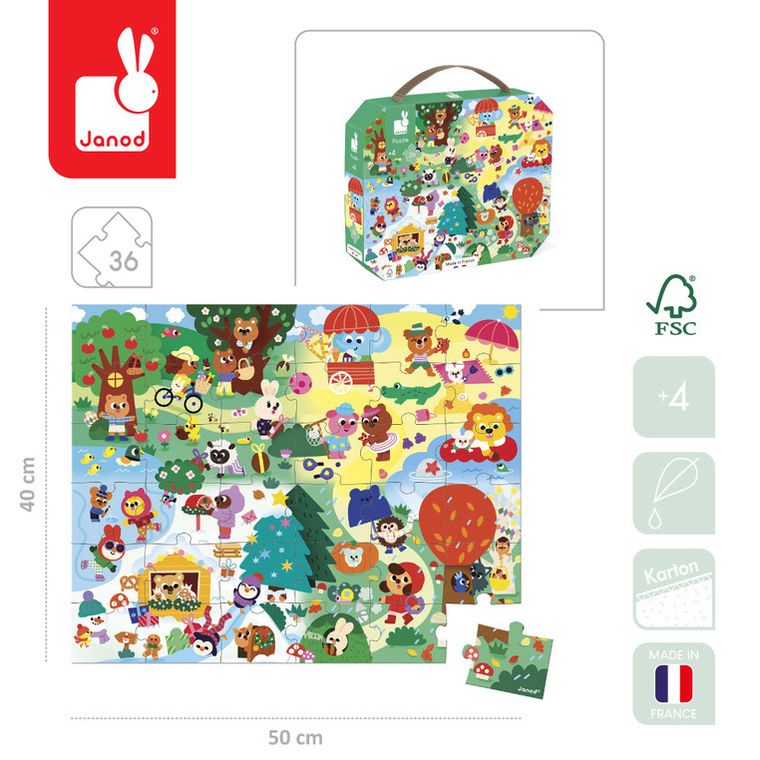 Janod, 4 pory roku, puzzle w walizce, 36 elementów