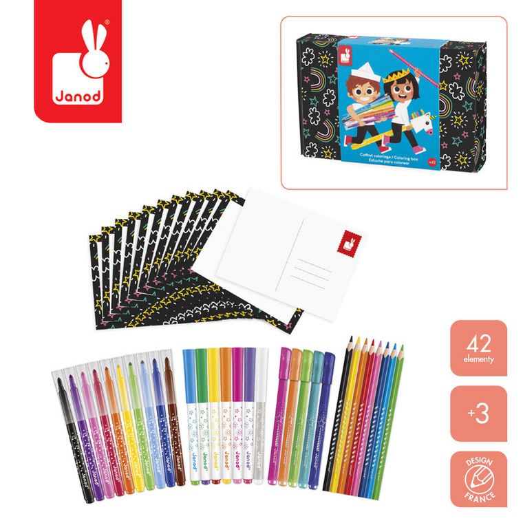 Janod, Coloring box, zestaw przyborów do kolorowania, 42 elementy