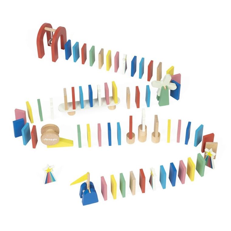 Janod, domino drewniane, tor przeszkód, gra zręcznościowa, 100 elementów