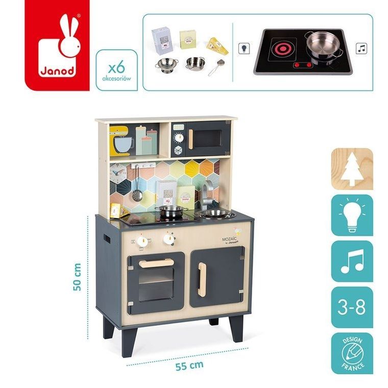 Janod, drewniana kuchnia z dźwiękiem, światłem LED i 6 akcesoriami