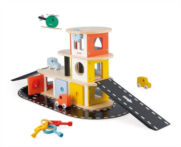Janod, drewniany garaż piętrowy, zestaw z akcesoriami