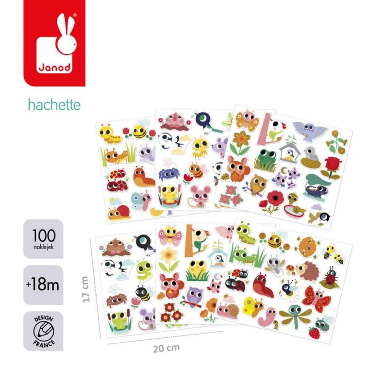 Janod, duże naklejki, zwierzęta w ogrodzie, 100 szt.