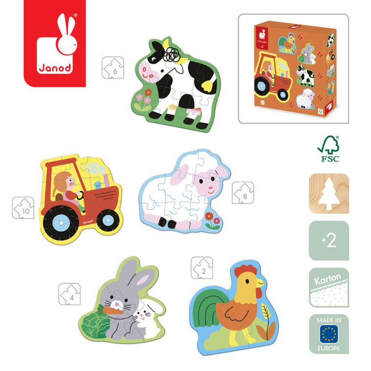 Janod, Farma, drewniane puzzle, 5 układanek