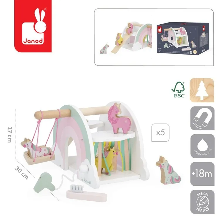 Janod, Jednorożce, drewaniany domek jednorożców z 5 akcesoriami