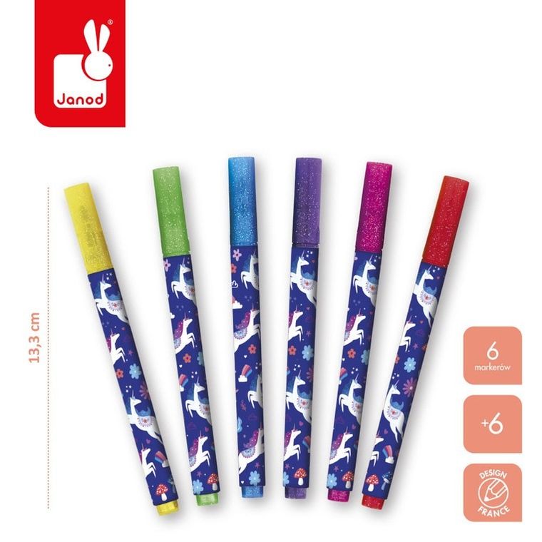Janod, Jednorożce, Kraina snów, brokatowe flamastry, 6 kolorów