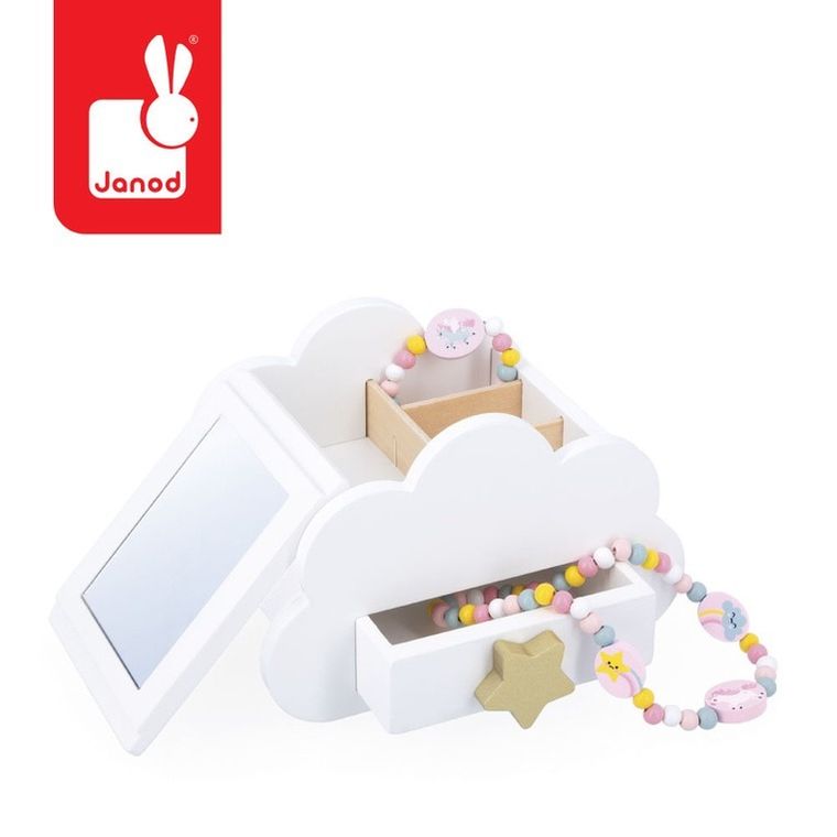 Janod, Jednorożce, szkatułka na biżuterię z lusterkiem, naszyjnikiem i bransoletką