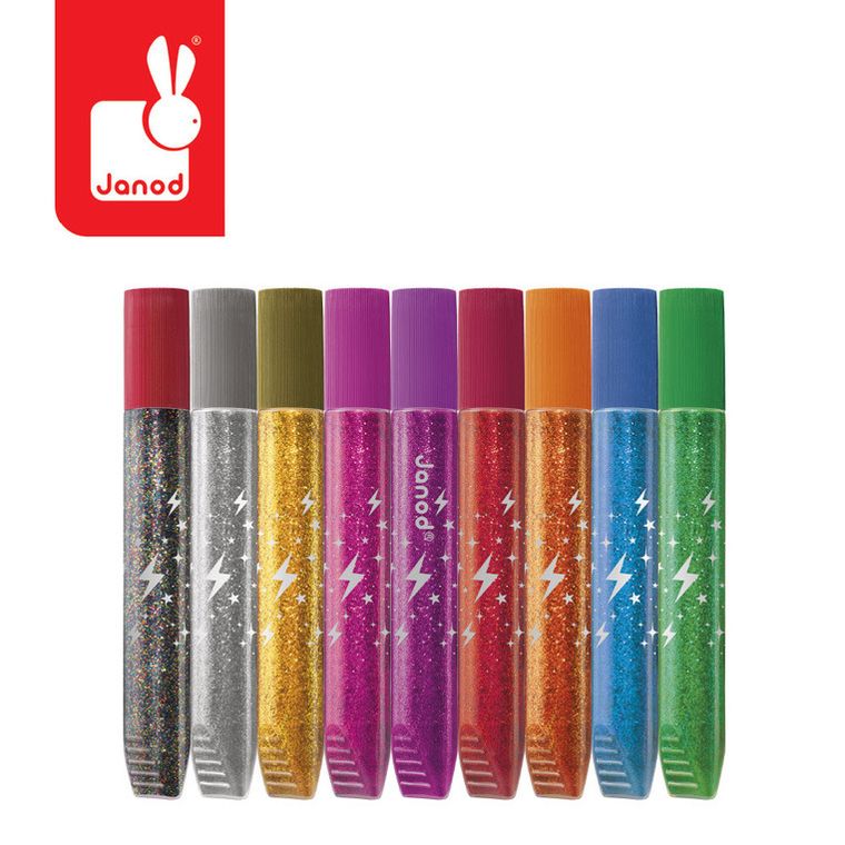 Janod, klej z brokatem, w tubkach, 9 kolorów