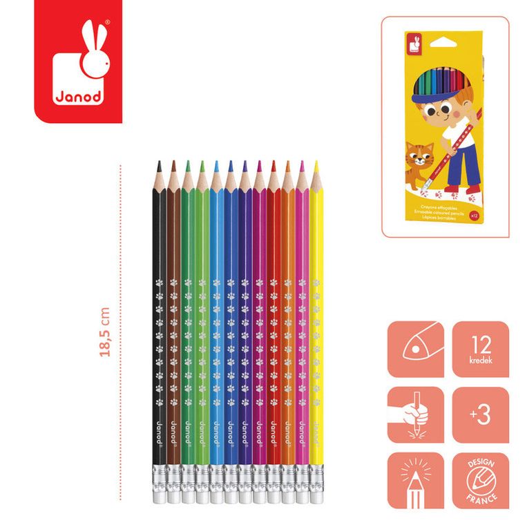 Janod, kredki ołówkowe zmazywalne, z gumką, 12 kolorów