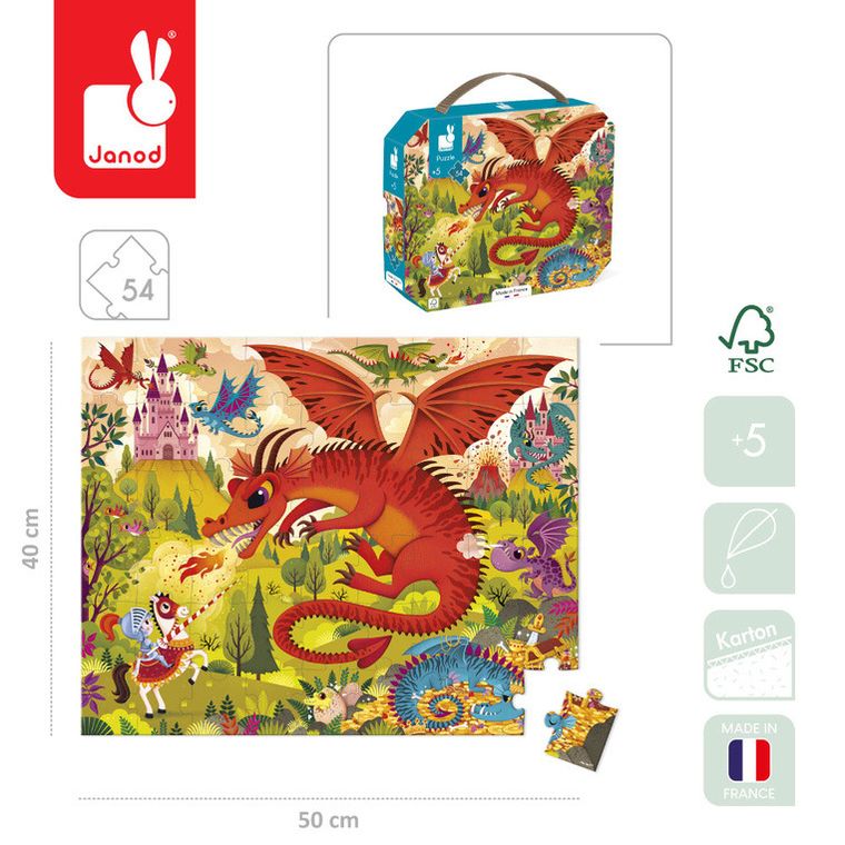 Janod, Królestwo smoków, puzzle w walizce, 54 elementy
