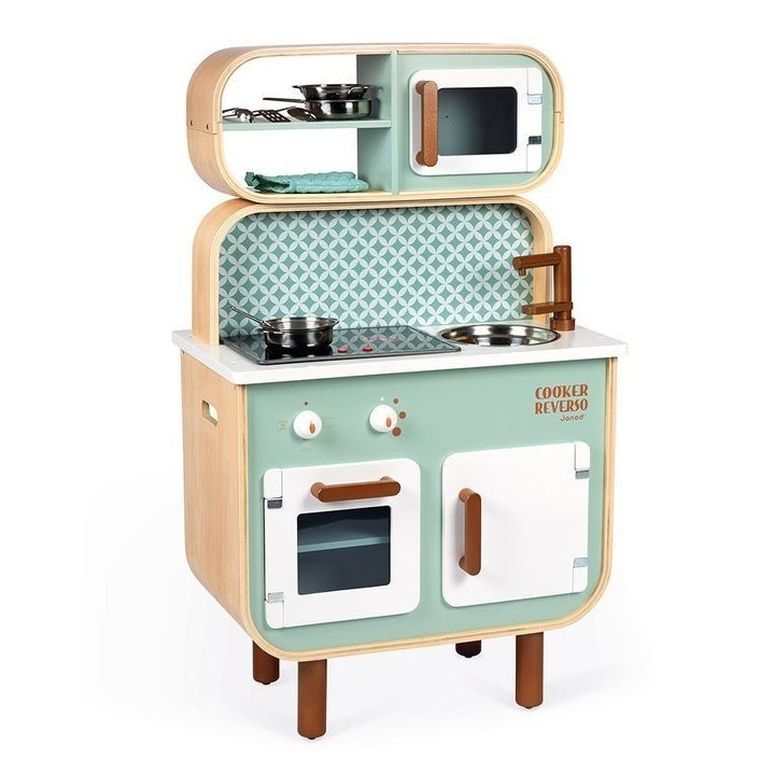 Janod, kuchnia z pralką, dwustronna, drewniana, 2w1, z dźwiękiem, światłem LED z 8 akcesoriami