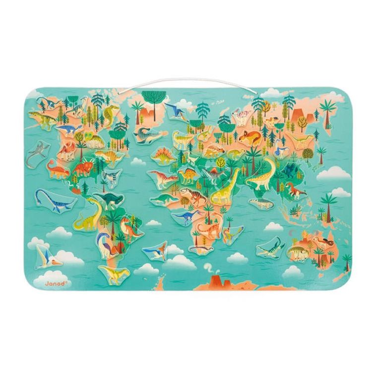 Janod, mapa świata, drewniana układanka magnetyczna, dinozaury, 50 magnesów