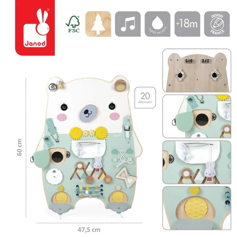 Janod, Miś Pure, drewniana tablica manipulacyjna, 20 aktywności