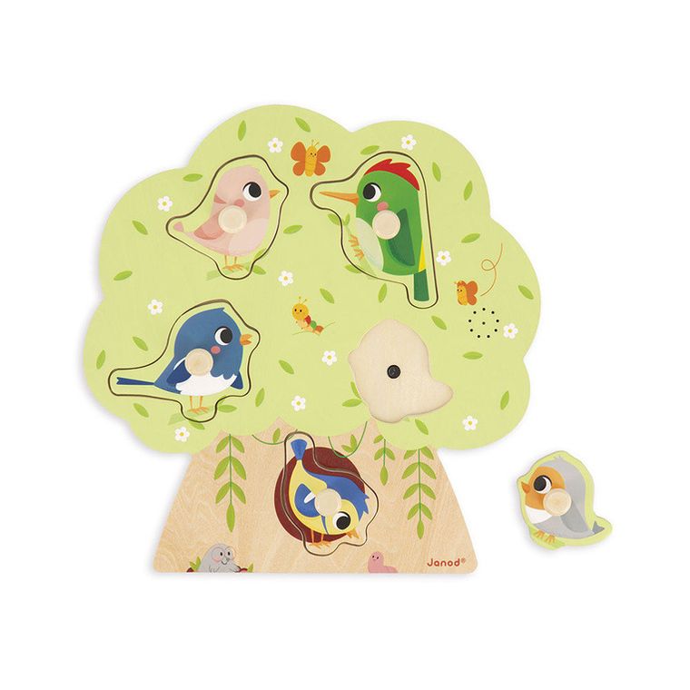 Janod, Odgłosy ptaków, drewniane puzzle muzyczne, 6 szt.